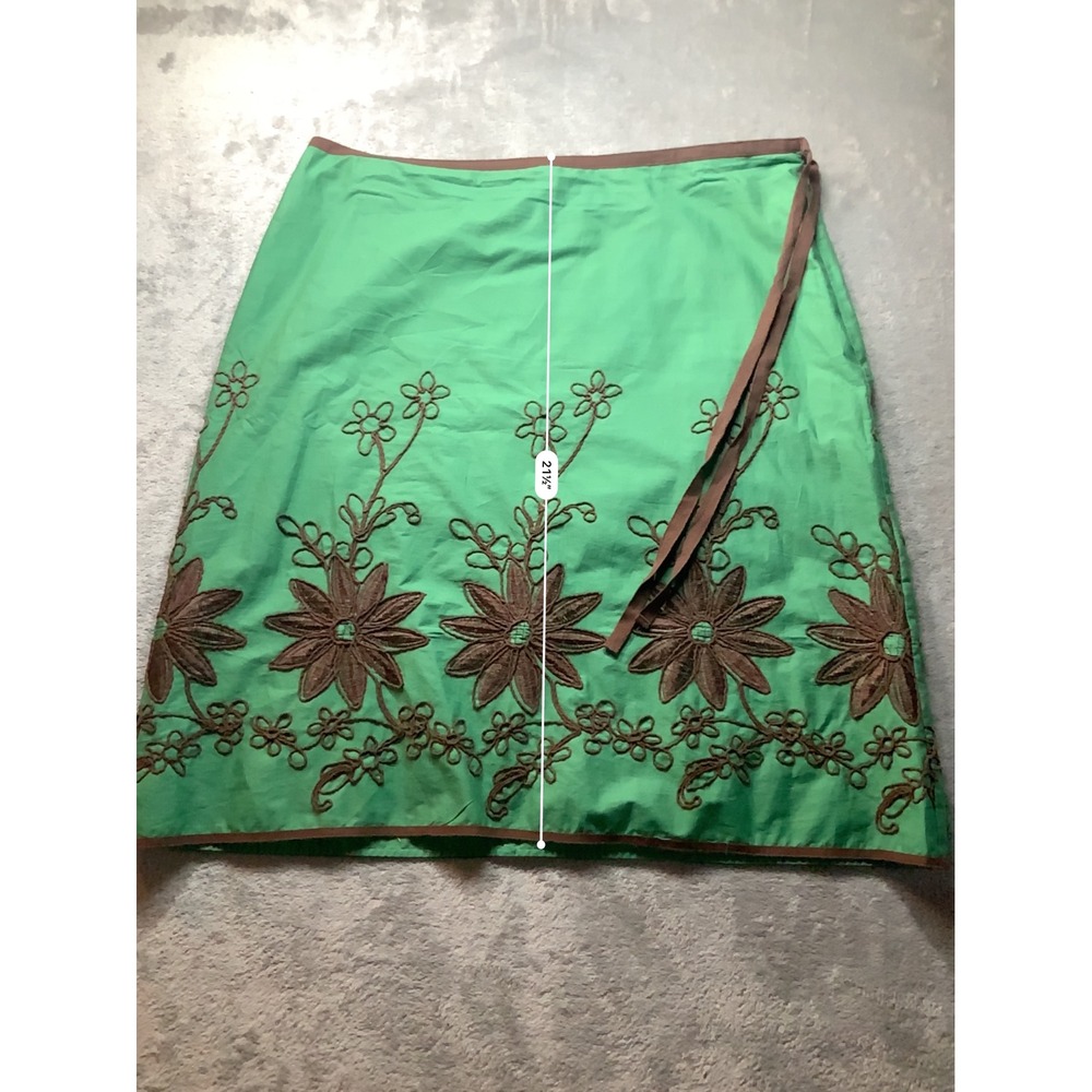 Max Studio Green Brown Floral Embroidered Cotton Wrap Skirt Size 12 8702G12 - Picture 4 of 7